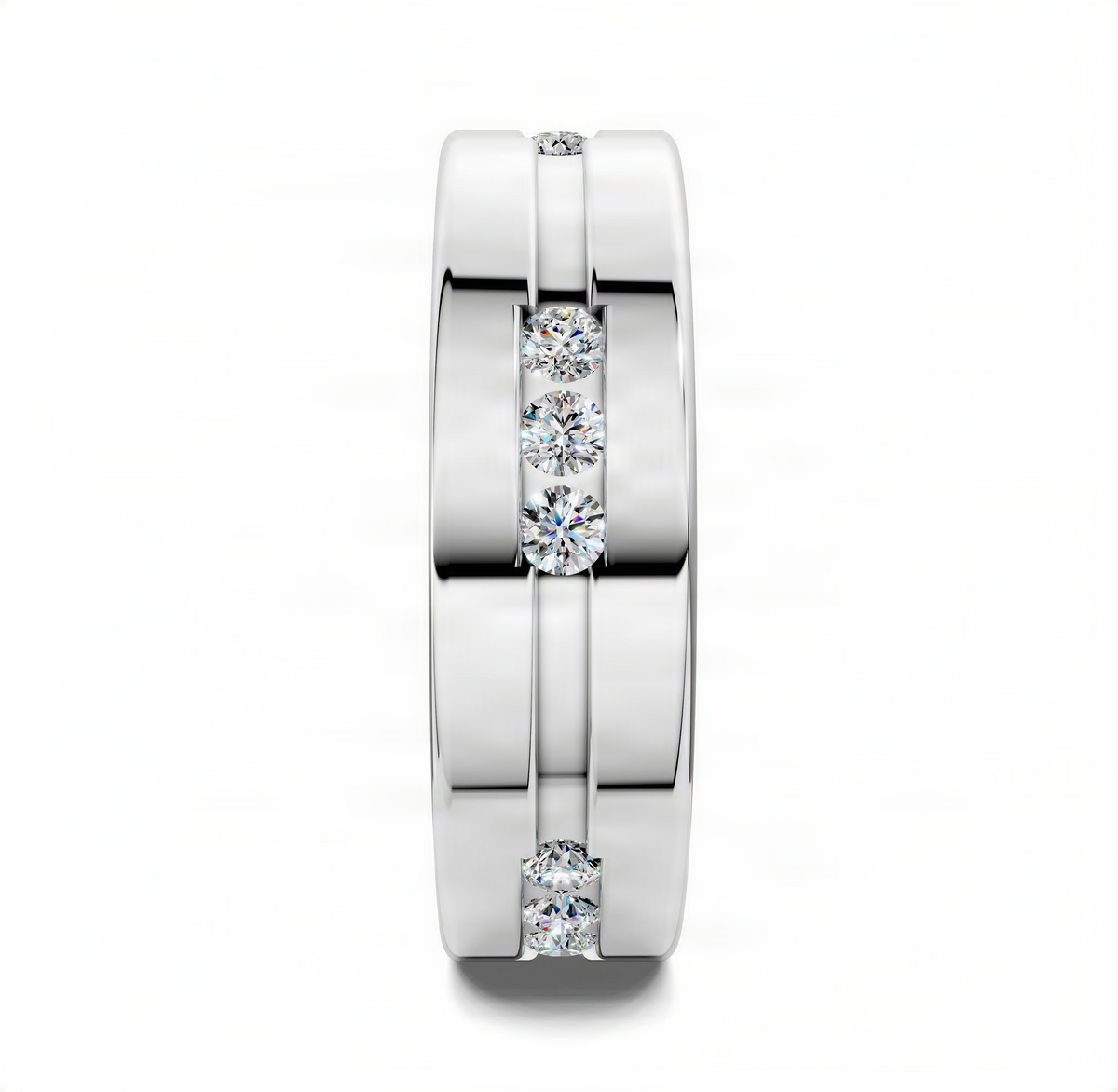 White gold triple groove ring with three diamond accents set in the band