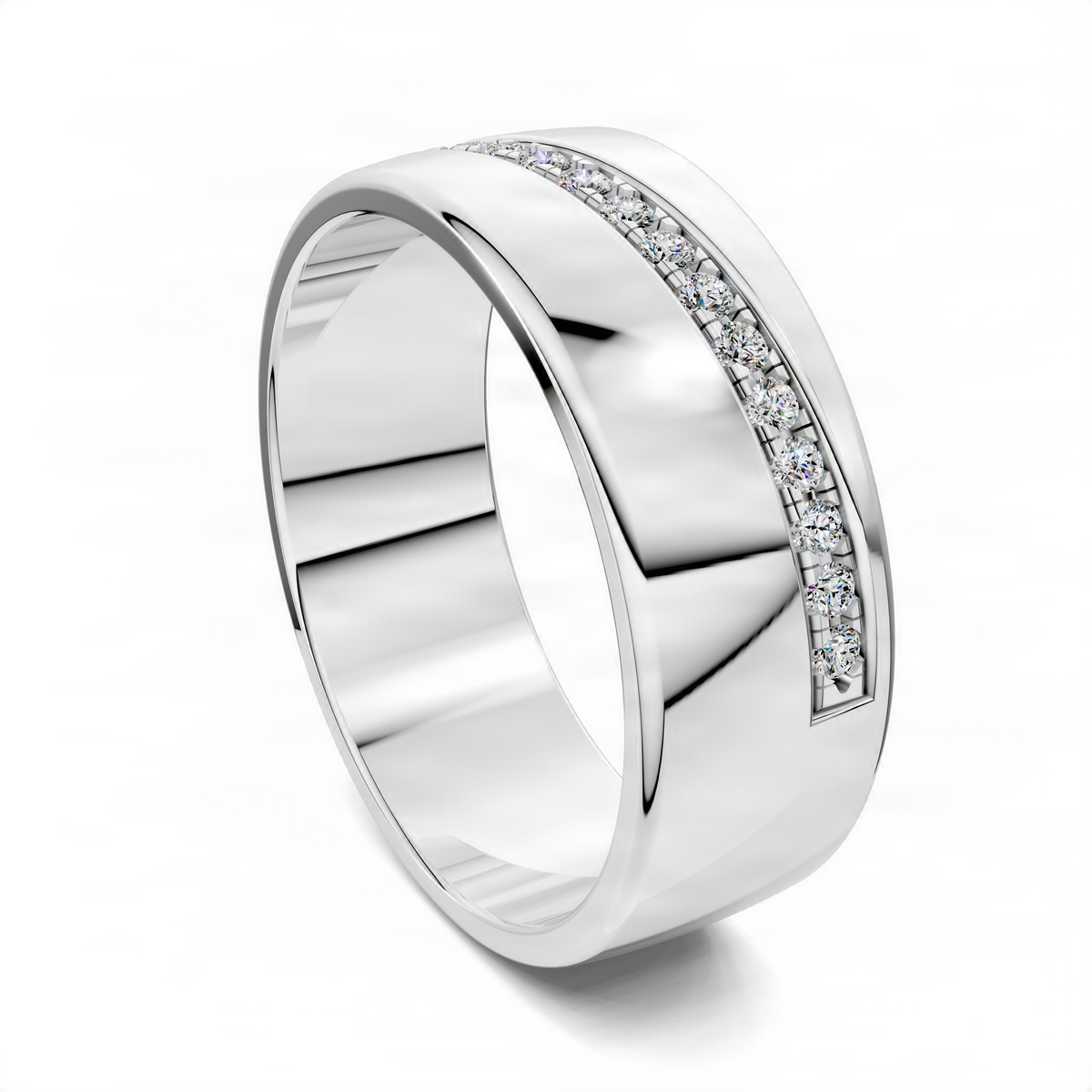 White gold diagonal channel diamond band featuring a slanted row of round diamonds