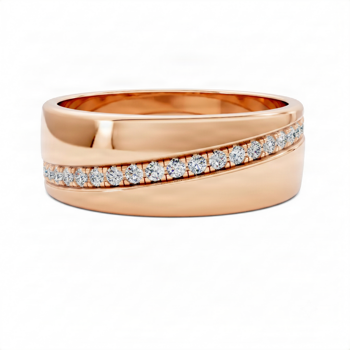 Rose gold diagonal channel diamond band with a continuous slanted row of round diamonds