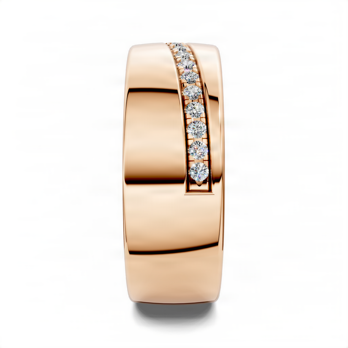 Rose gold diagonal channel diamond band with a slanted row of round diamonds