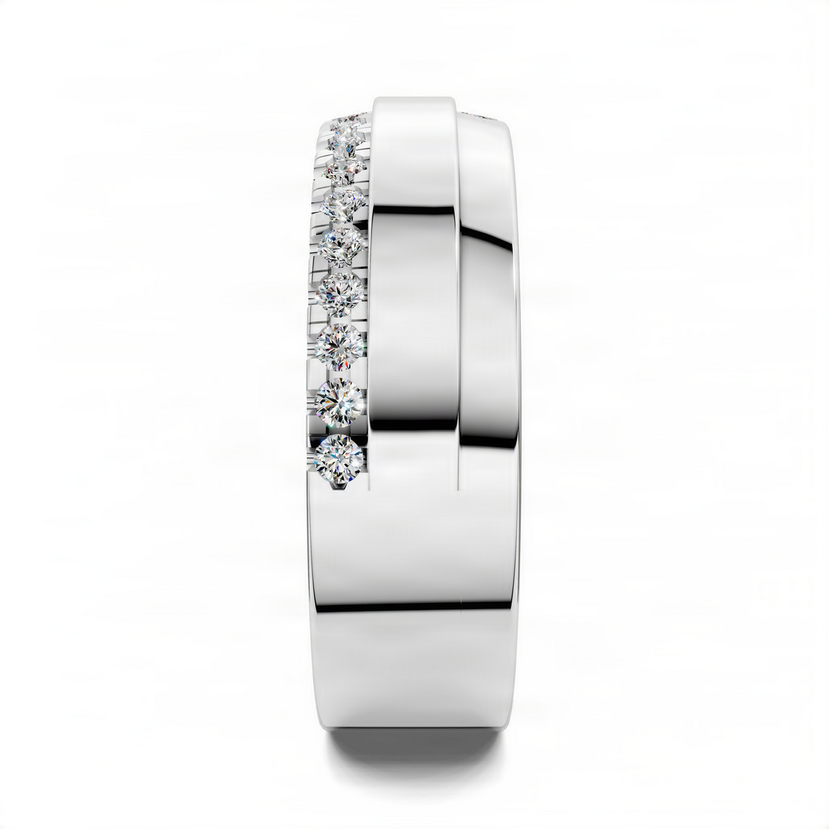 White gold ring band with round diamonds set in an offset row on the side