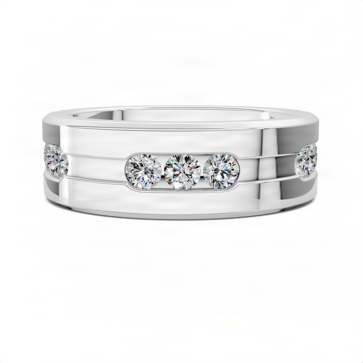 14k white gold diamond groove band ring with four round-cut diamonds set in a row