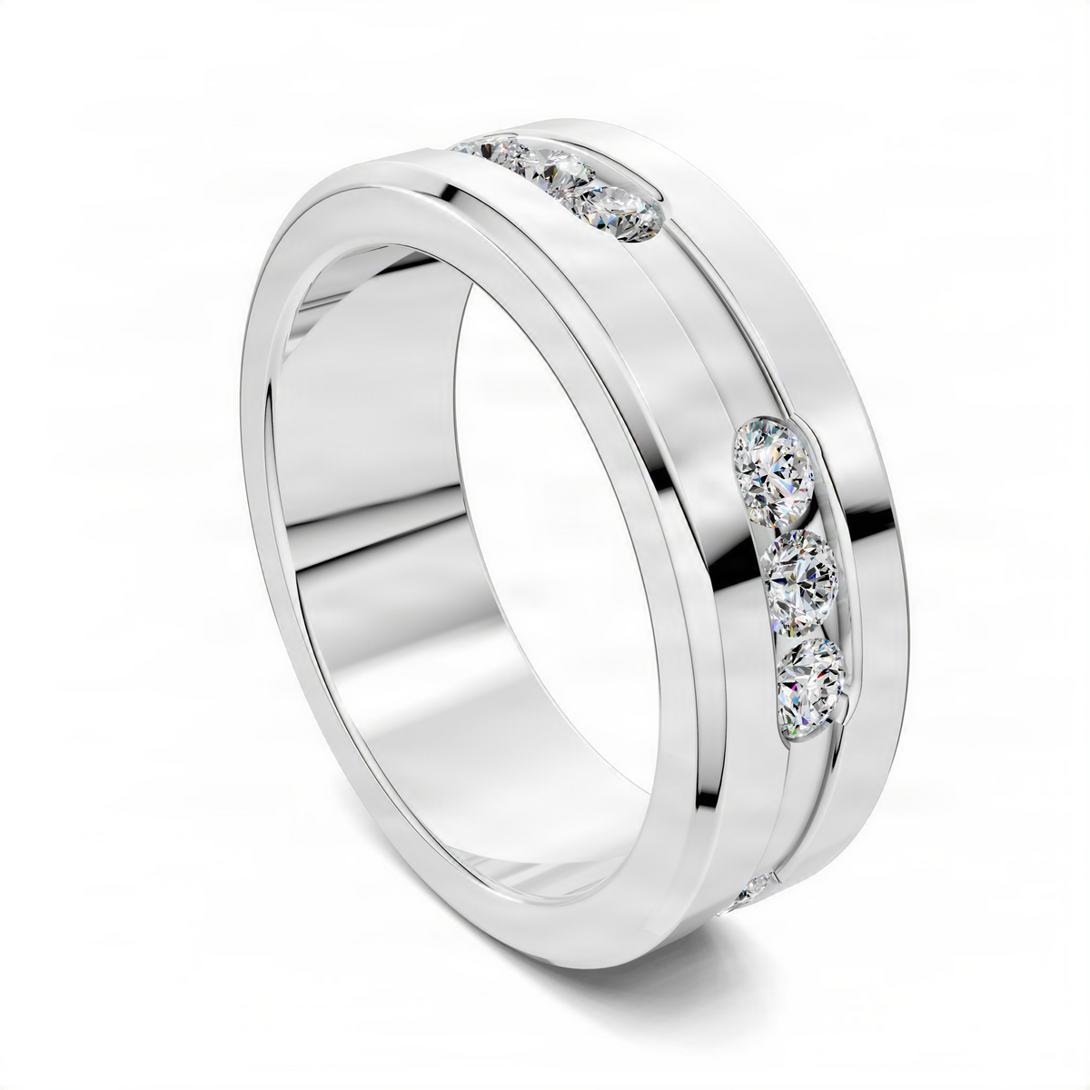14k white gold diamond groove band ring side view with round-cut diamonds along the edge