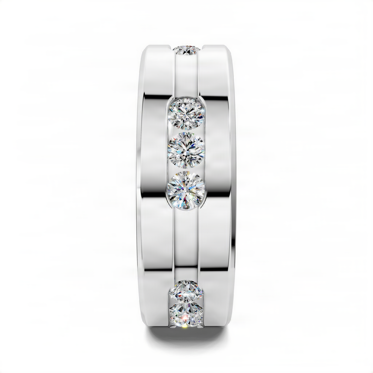 14k white gold diamond groove band ring front view with four round-cut diamonds
