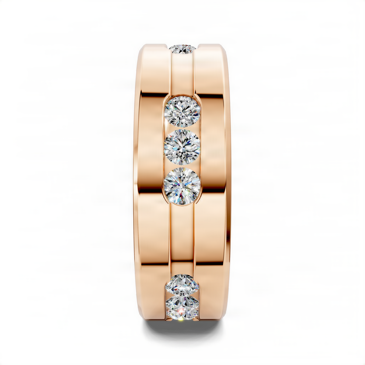 14k rose gold diamond groove band ring front view with four round-cut diamonds