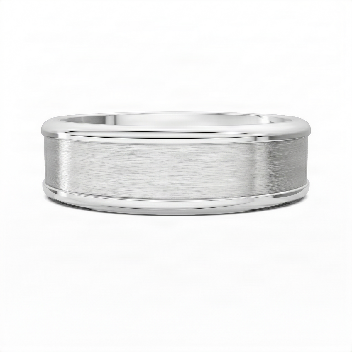Silver-tone grooved matte band ring with a wide, smooth profile and brushed finish