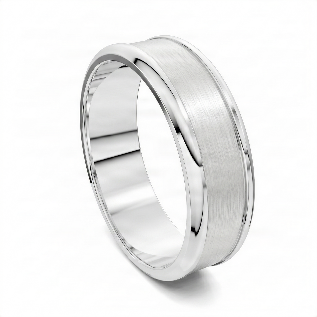 Silver-tone grooved matte band ring shown at an angle, smooth interior and brushed texture