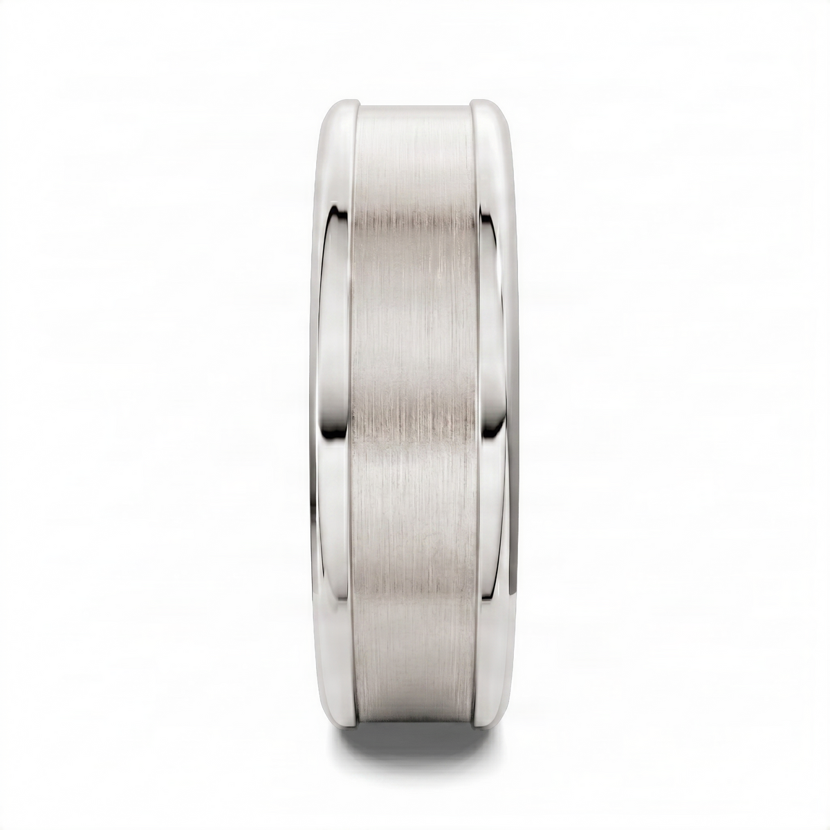 Silver-tone grooved matte band ring side view, brushed finish with inner polished edge