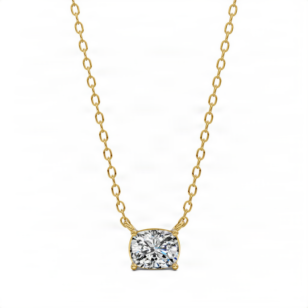 Cushion-cut solitaire pendant with prong-set diamond and yellow gold chain