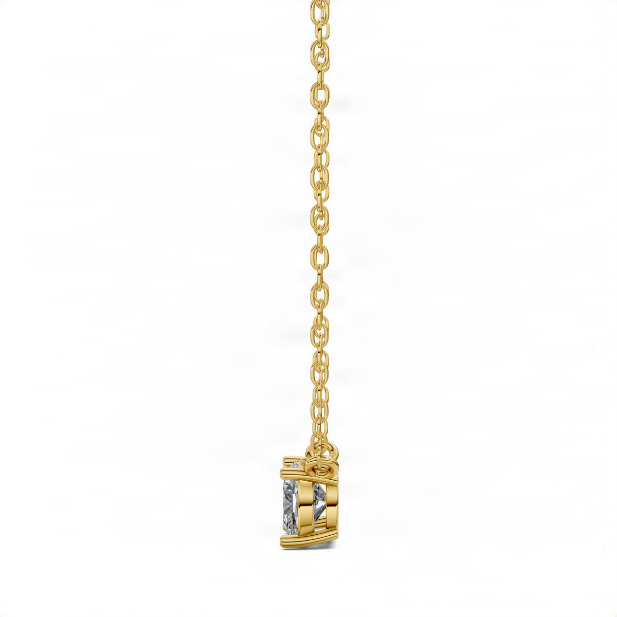 Back view of cushion solitaire pendant with diamond center on yellow gold chain