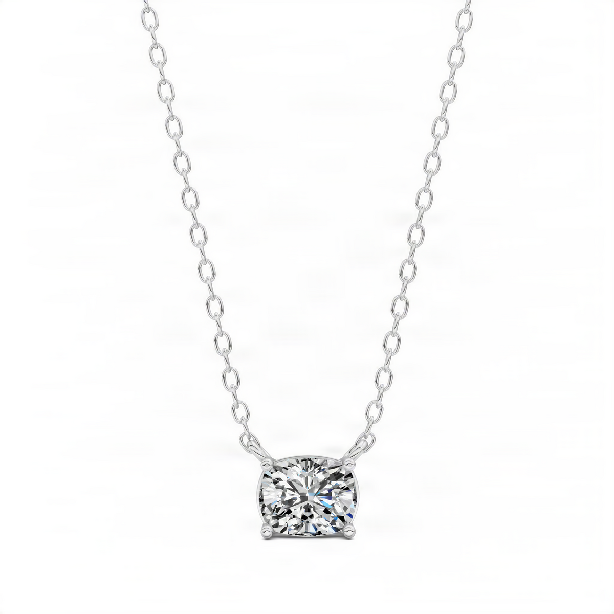 Cushion-cut solitaire pendant with prong-set diamond and white chain