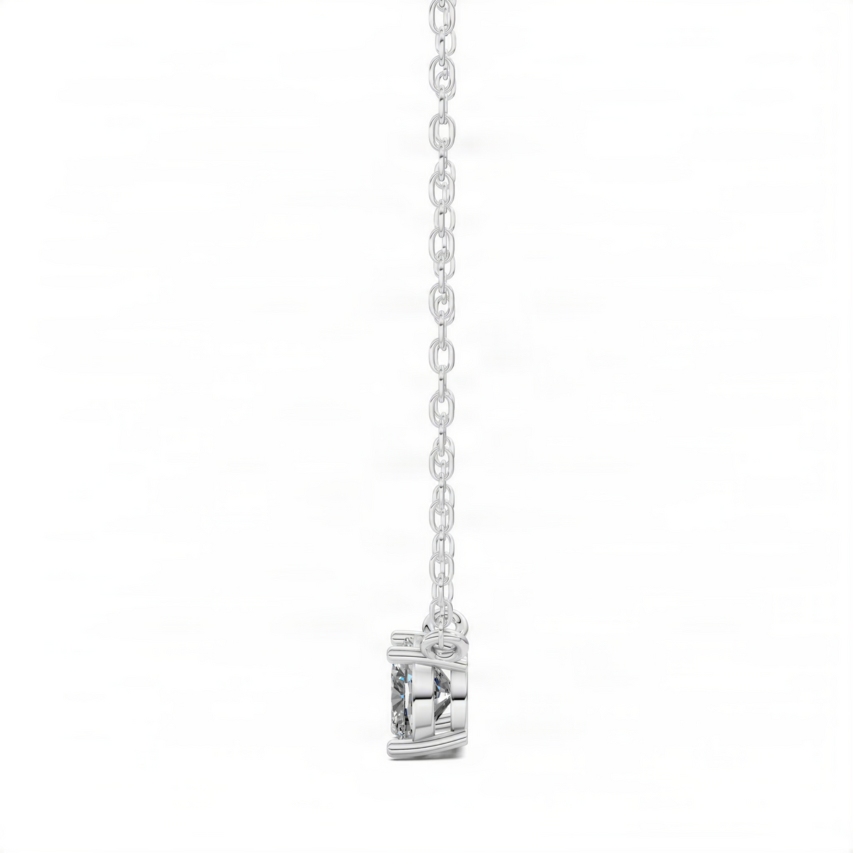 Back view of cushion solitaire pendant with diamond center on white chain