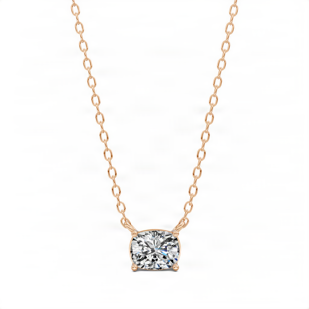 Cushion-cut solitaire pendant with prong-set diamond and rose gold chain