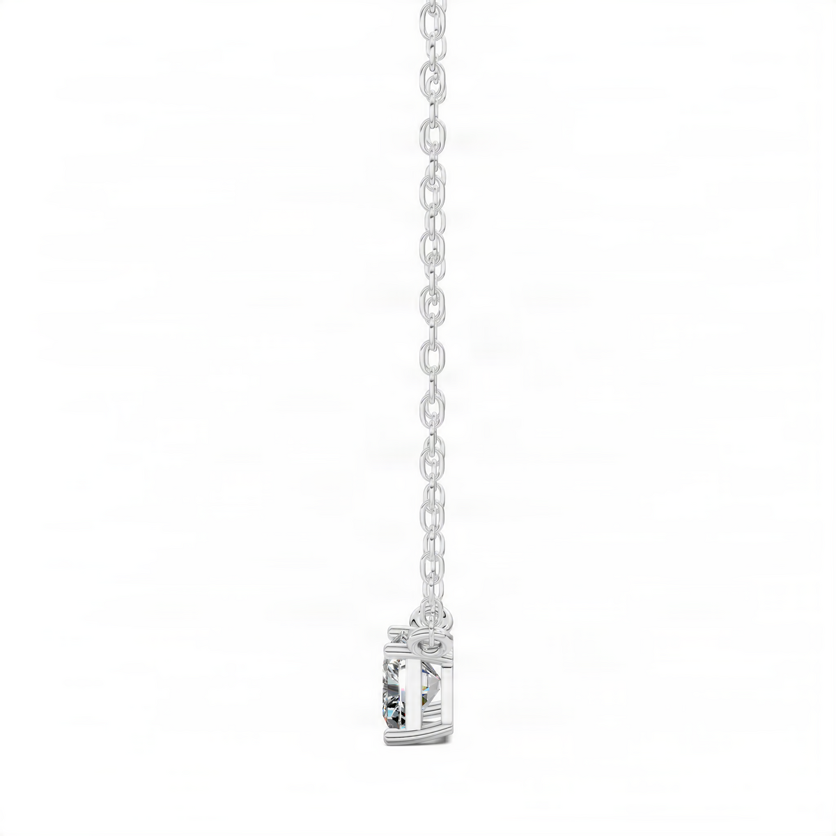 White gold solitaire pendant with square clear stone, side view on link chain