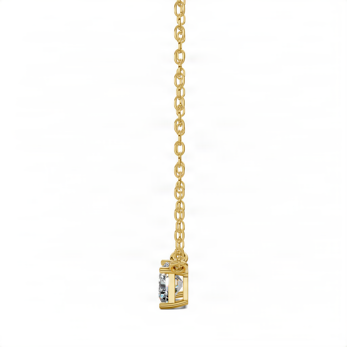 Yellow gold solitaire pendant with square clear stone, side view on chain