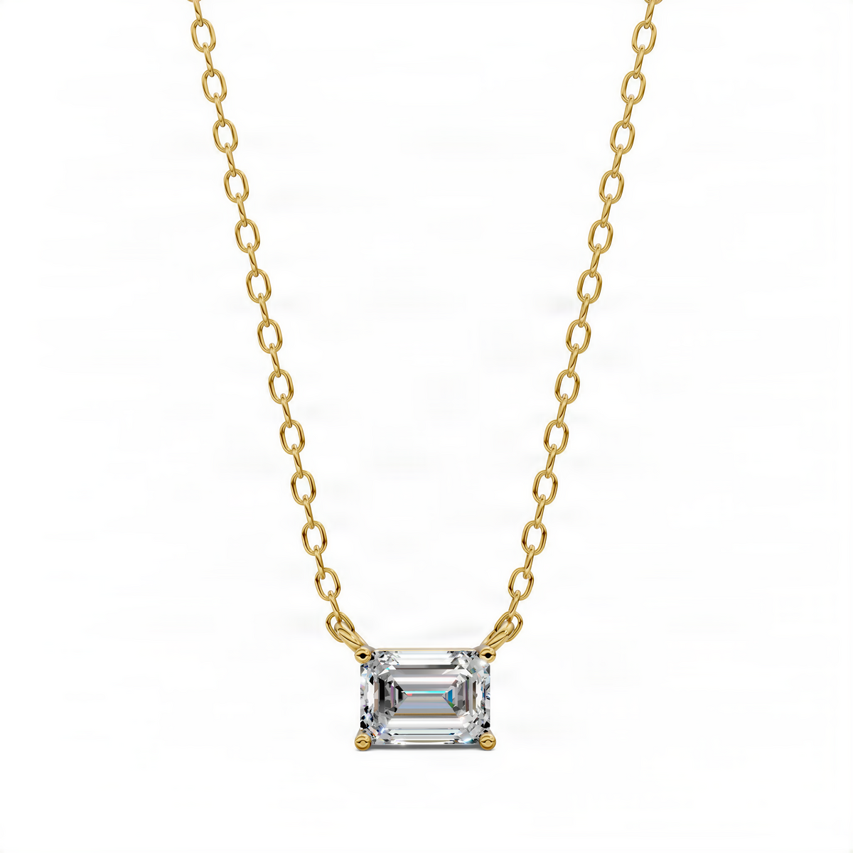 Solitaire emerald-cut gemstone pendant necklace, yellow gold tone chain