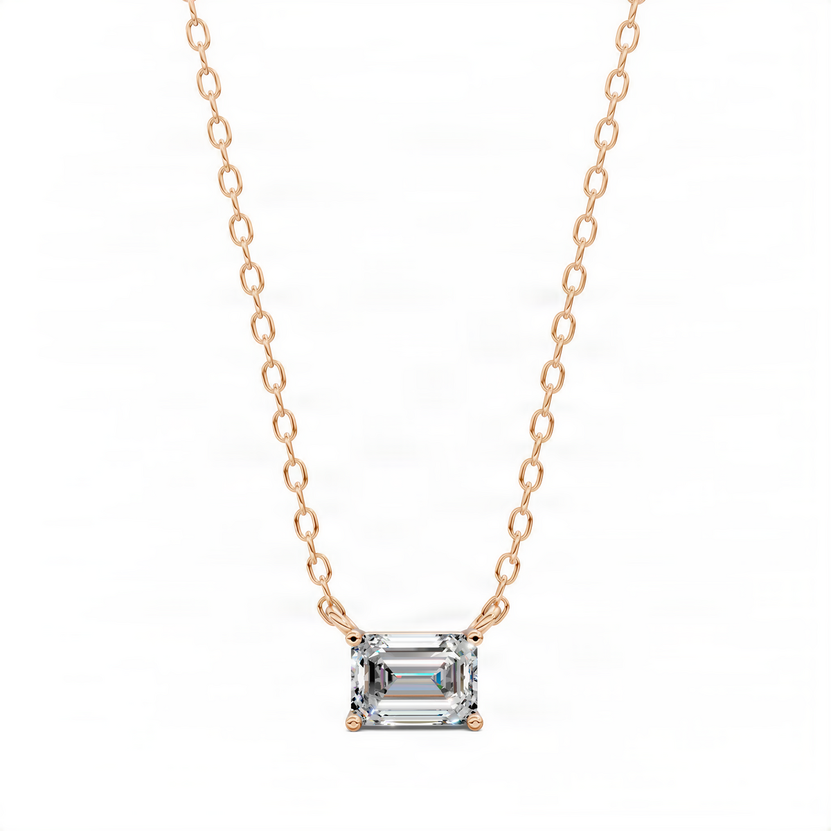 Solitaire emerald-cut gemstone pendant necklace, rose gold tone chain