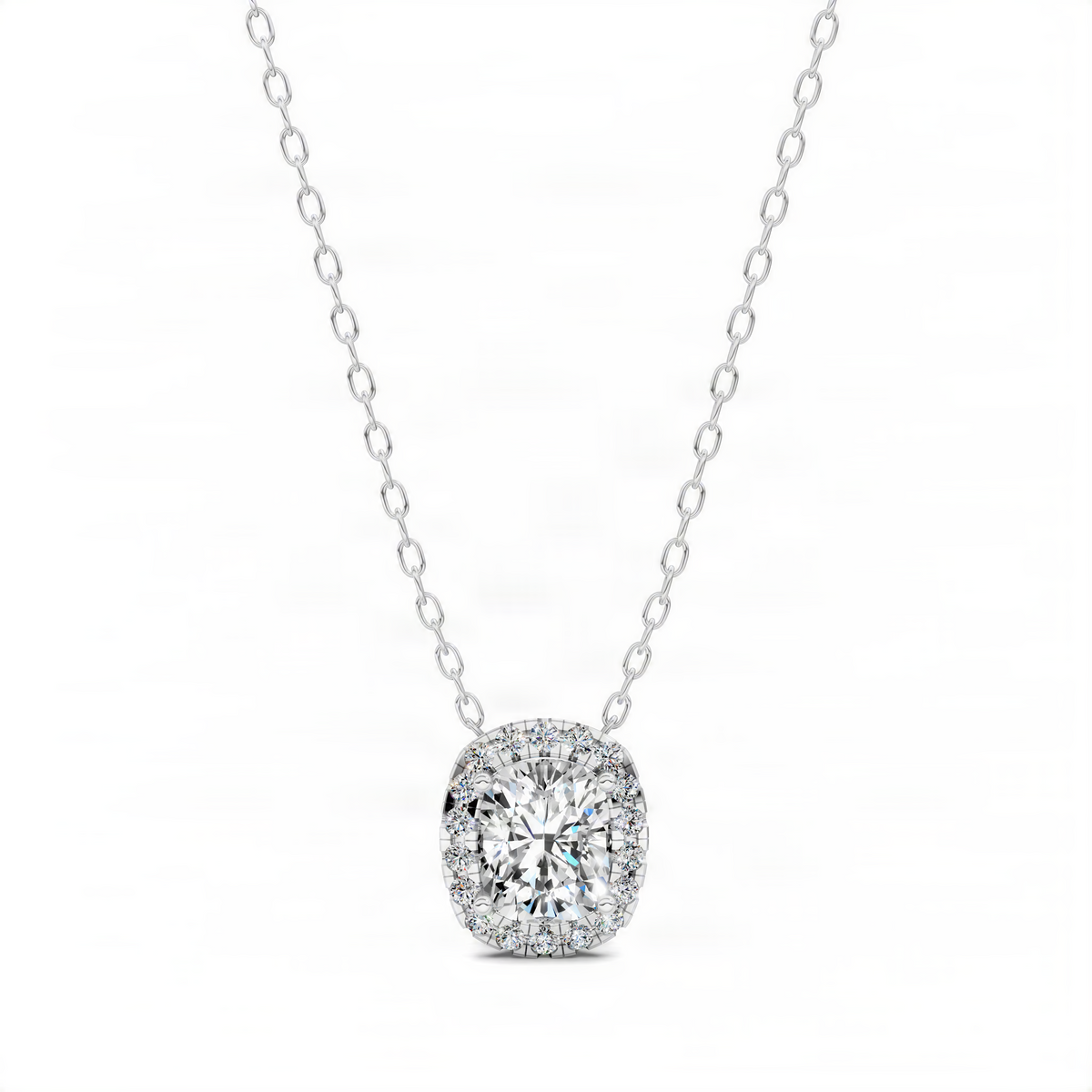 Round cushion diamond pendant on white gold link chain
