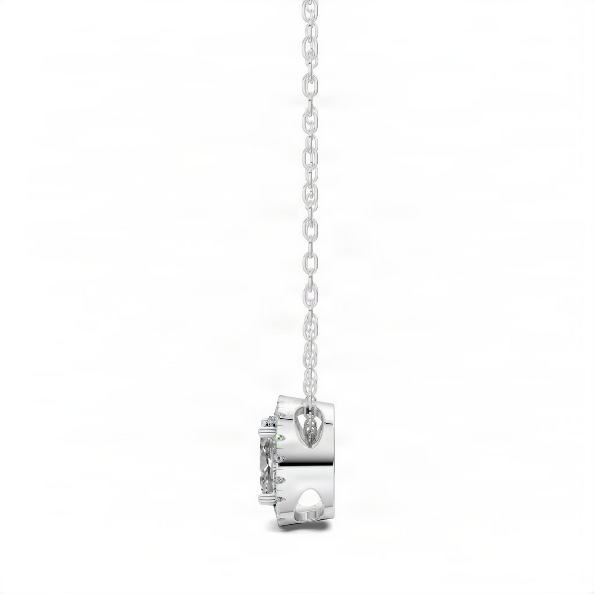 White gold cushion diamond pendant, side view on link chain