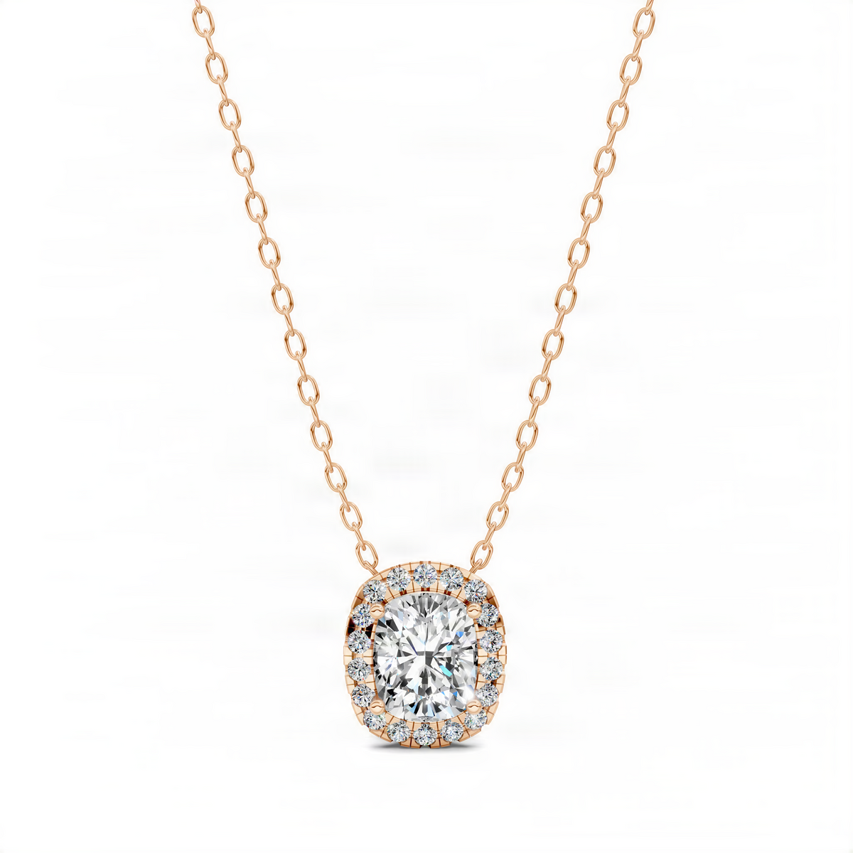 Rose gold cushion diamond pendant on rose link chain