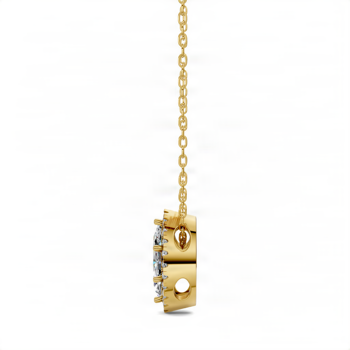 Yellow gold marquise diamond pendant with diamond-set halo on a fine chain