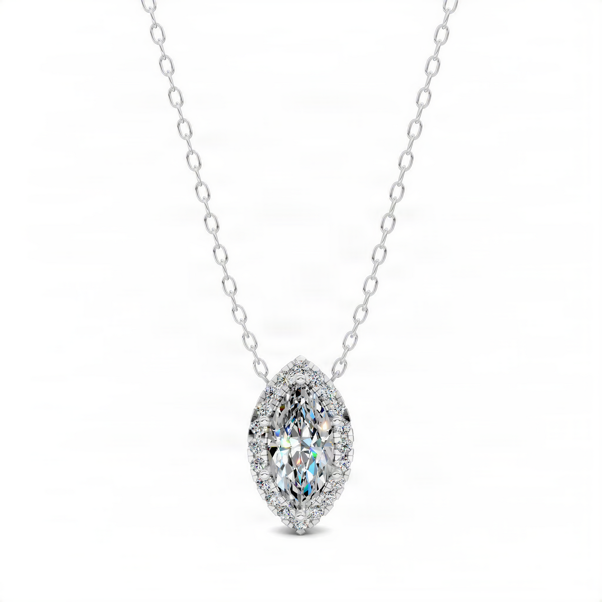 White gold marquise diamond pendant with oval center stone and halo on chain
