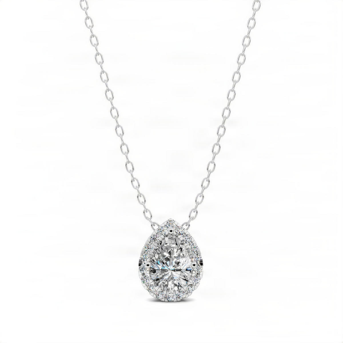 White gold diamond pear pendant with bezel-set round stones on link chain