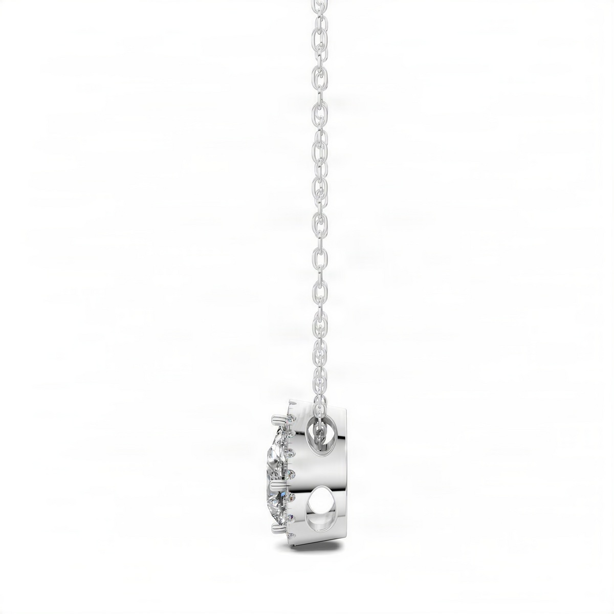 White gold diamond pear pendant setting with link chain clasp detail