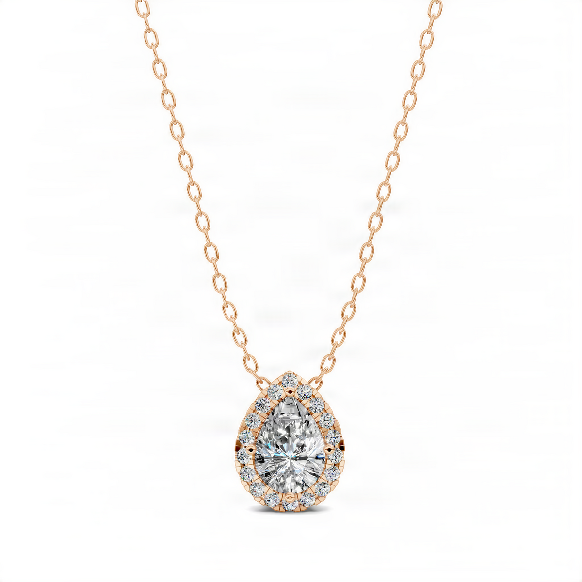 Rose gold diamond pear pendant with bezel-set round stones on link chain