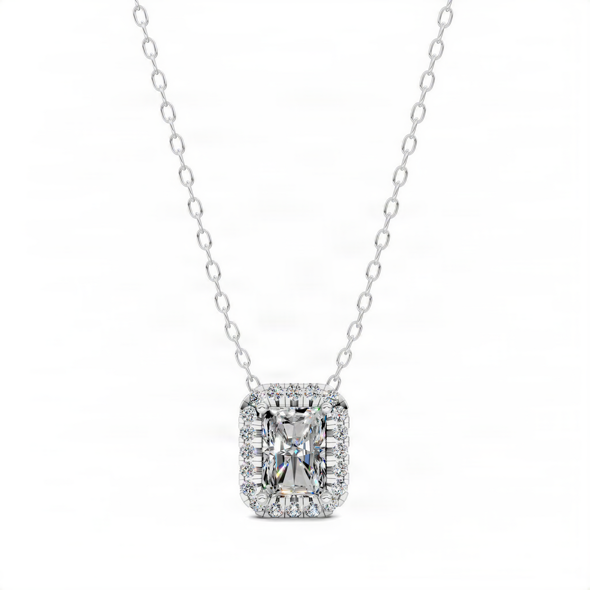 White gold radiant diamond pendant with square halo and prong-set center stone on chain