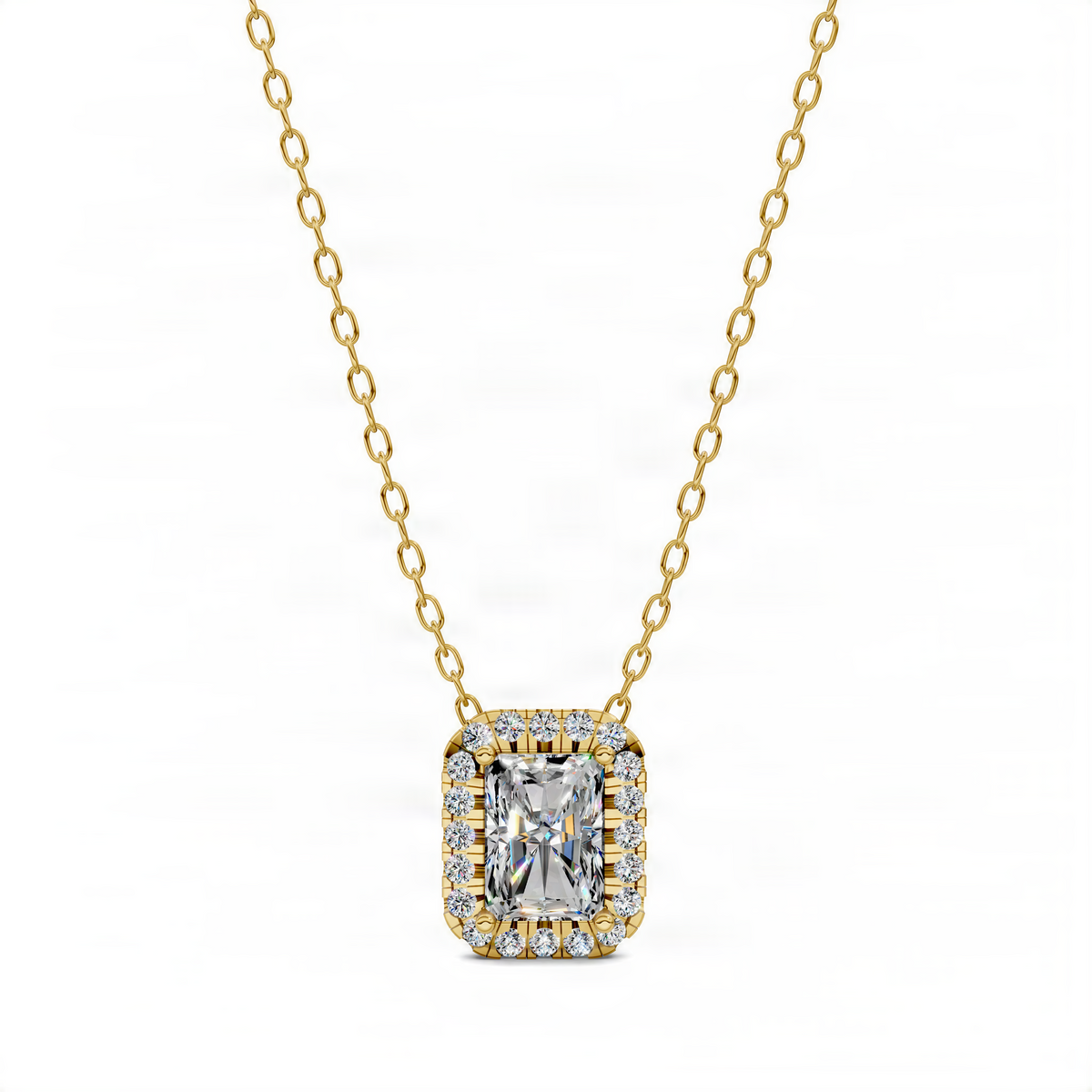 Yellow gold radiant diamond pendant with cushion halo and prong-set center stone