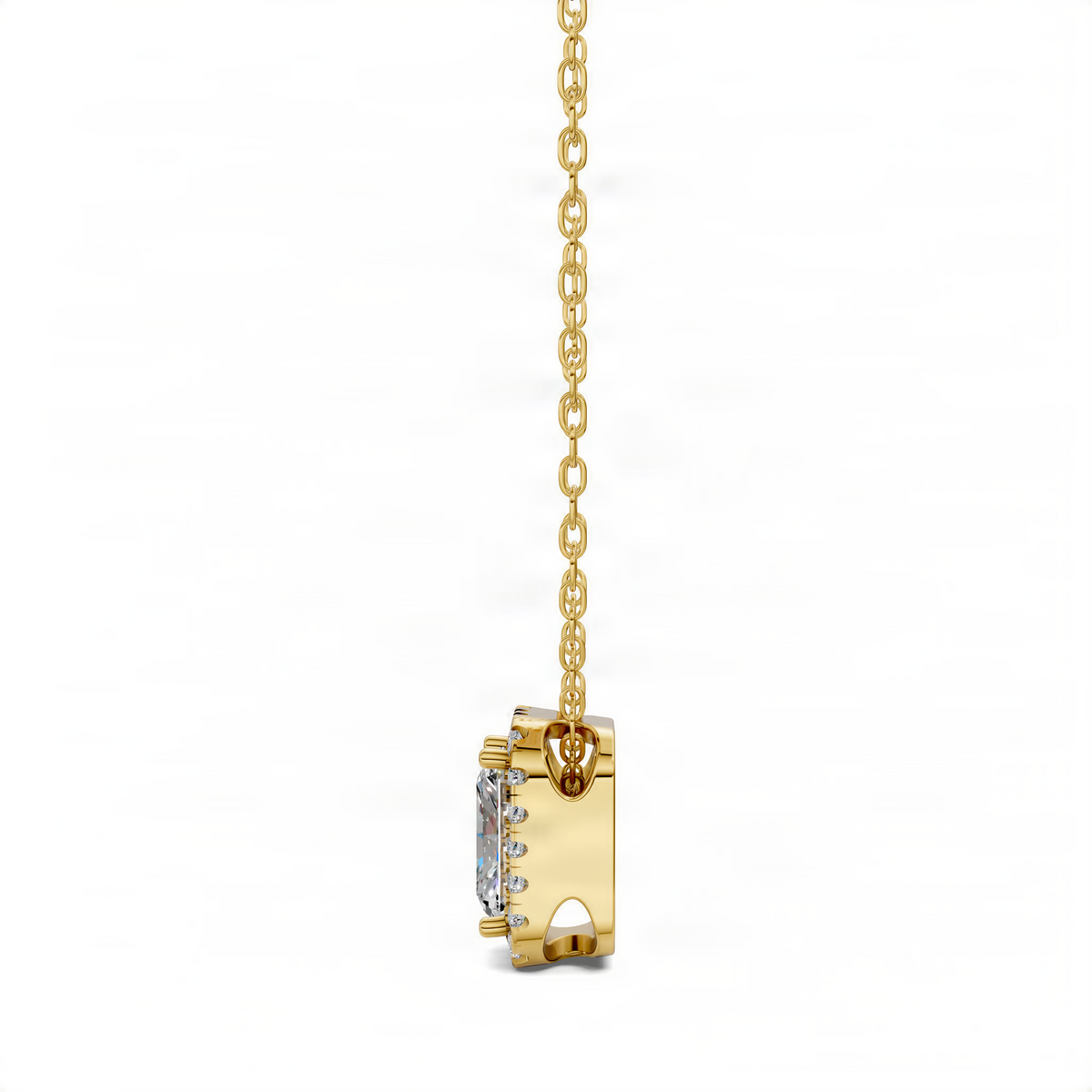 Yellow gold radiant diamond pendant with square prong-set stone on chain