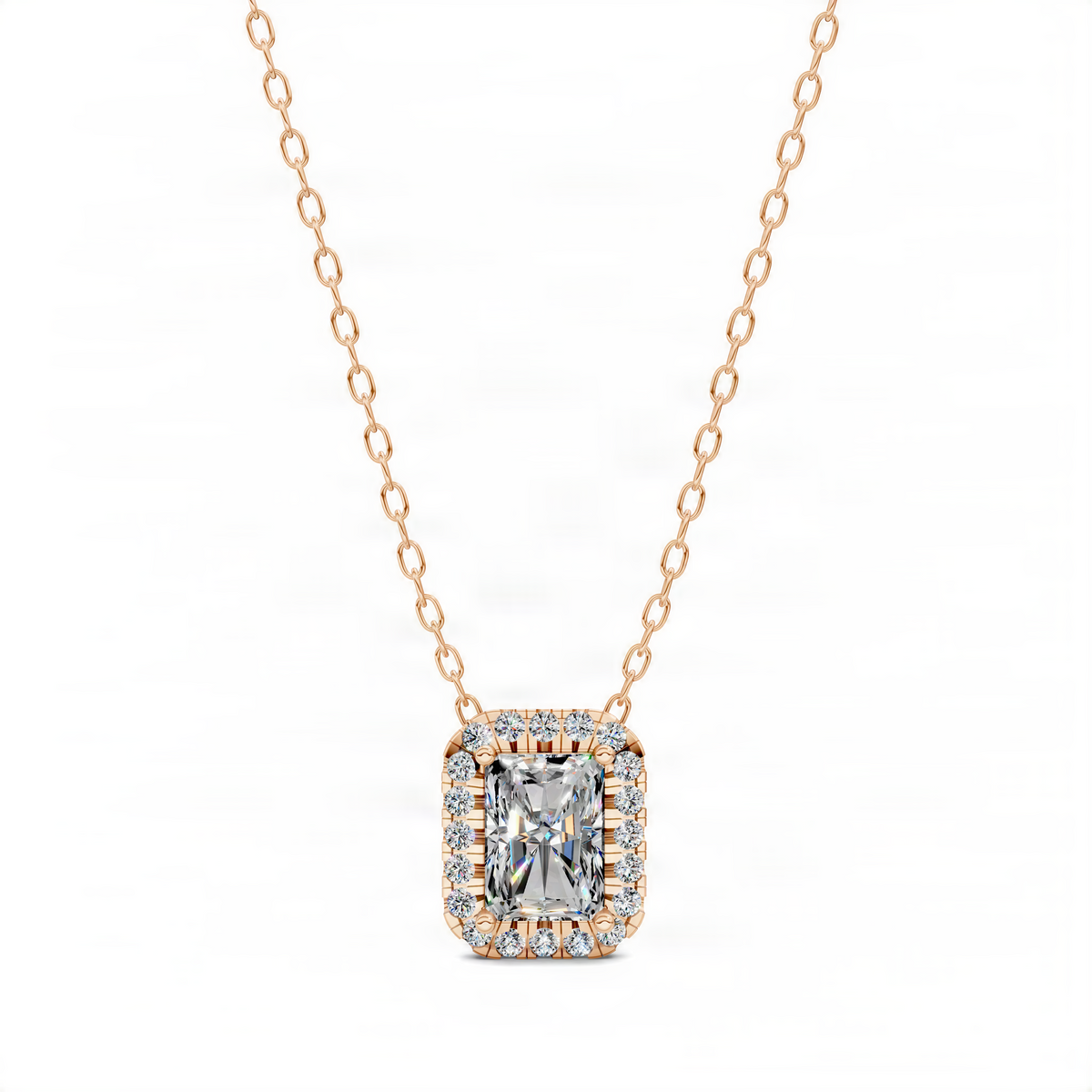 Rose gold radiant diamond pendant with cushion halo and prong-set center stone