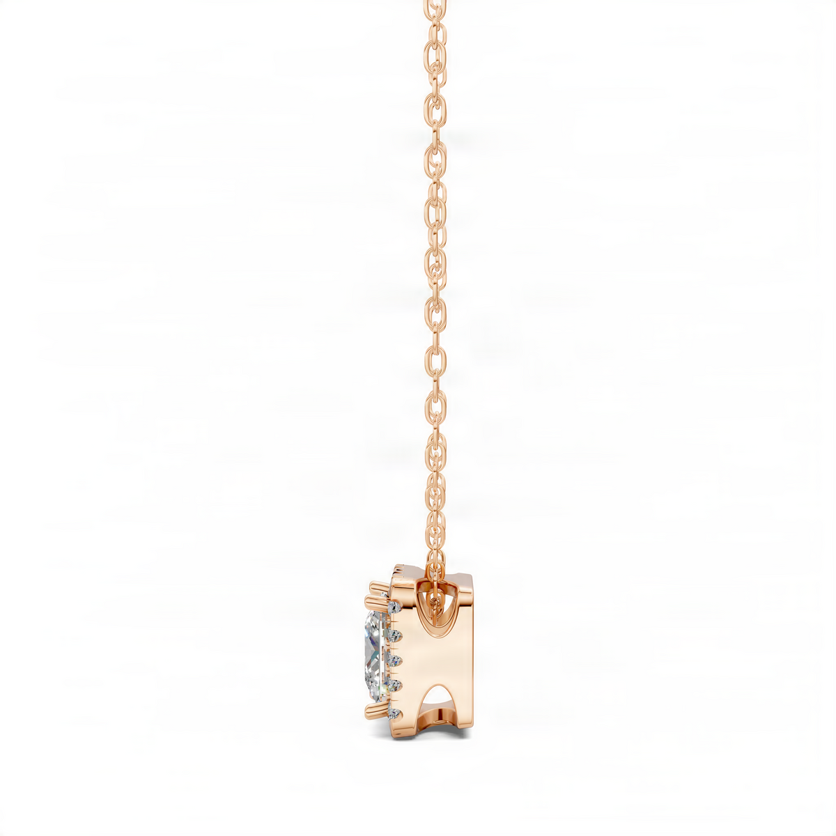 14k rose gold princess-cut diamond pendant with prong-set side view