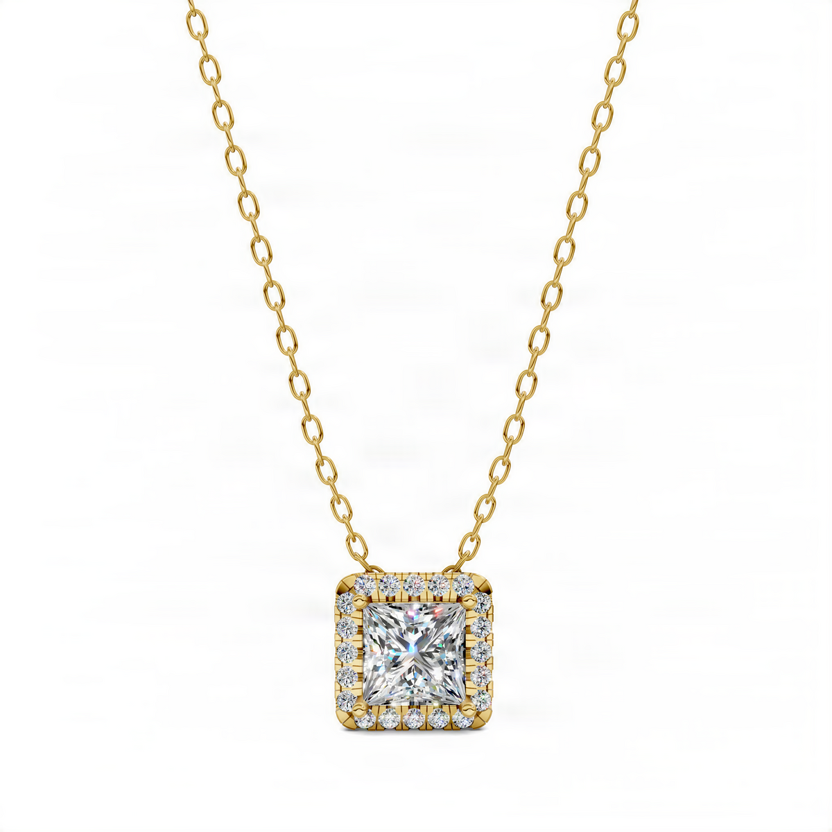 Gold chain necklace with square princess-cut diamond pendant