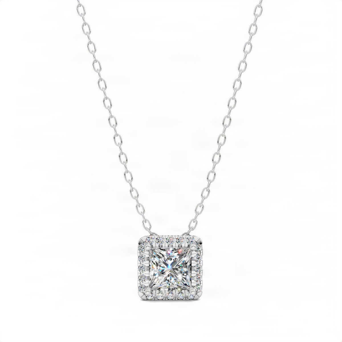 Diamond princess pendant necklace with square halo on chain