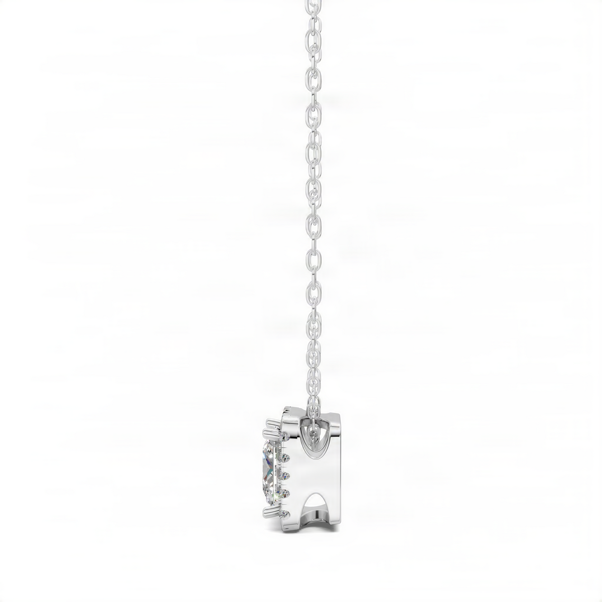 14k white gold princess-cut diamond pendant with prong-set side view