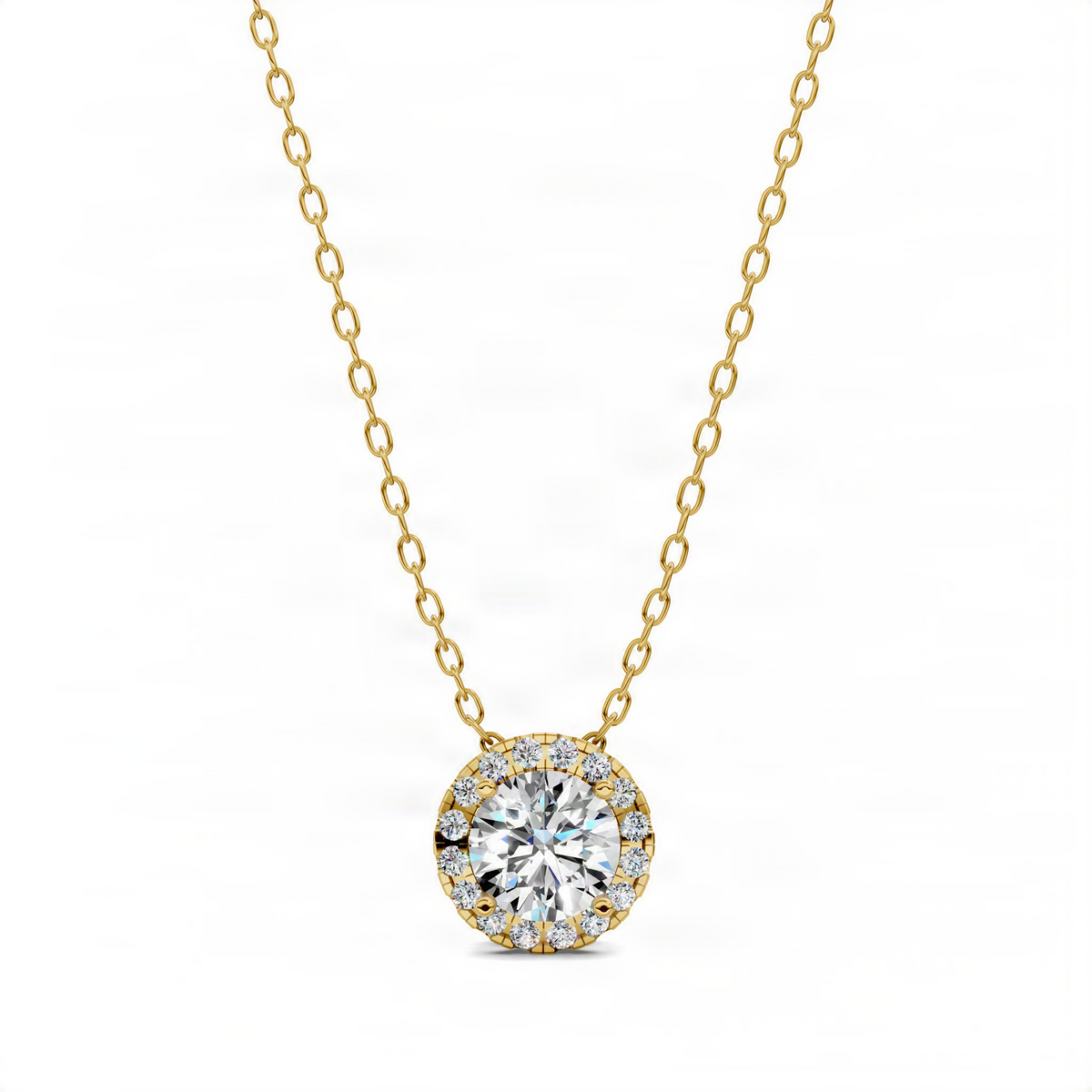 Yellow gold diamond pendant necklace with round halo center stone and link chain