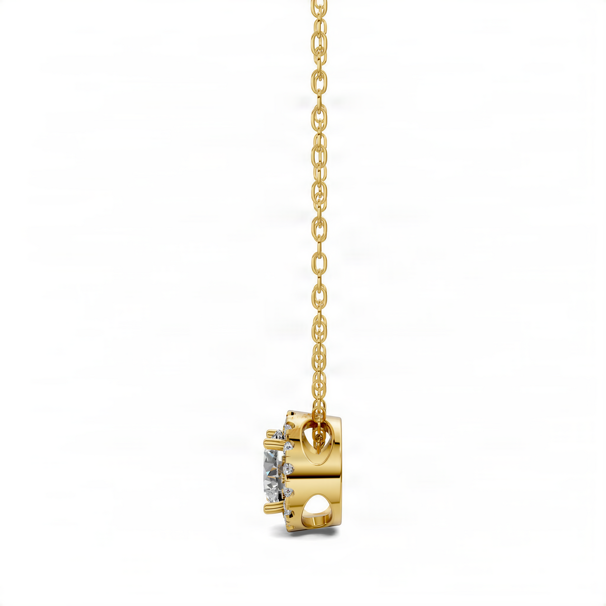 Yellow gold diamond pendant necklace with round center stone and side prongs