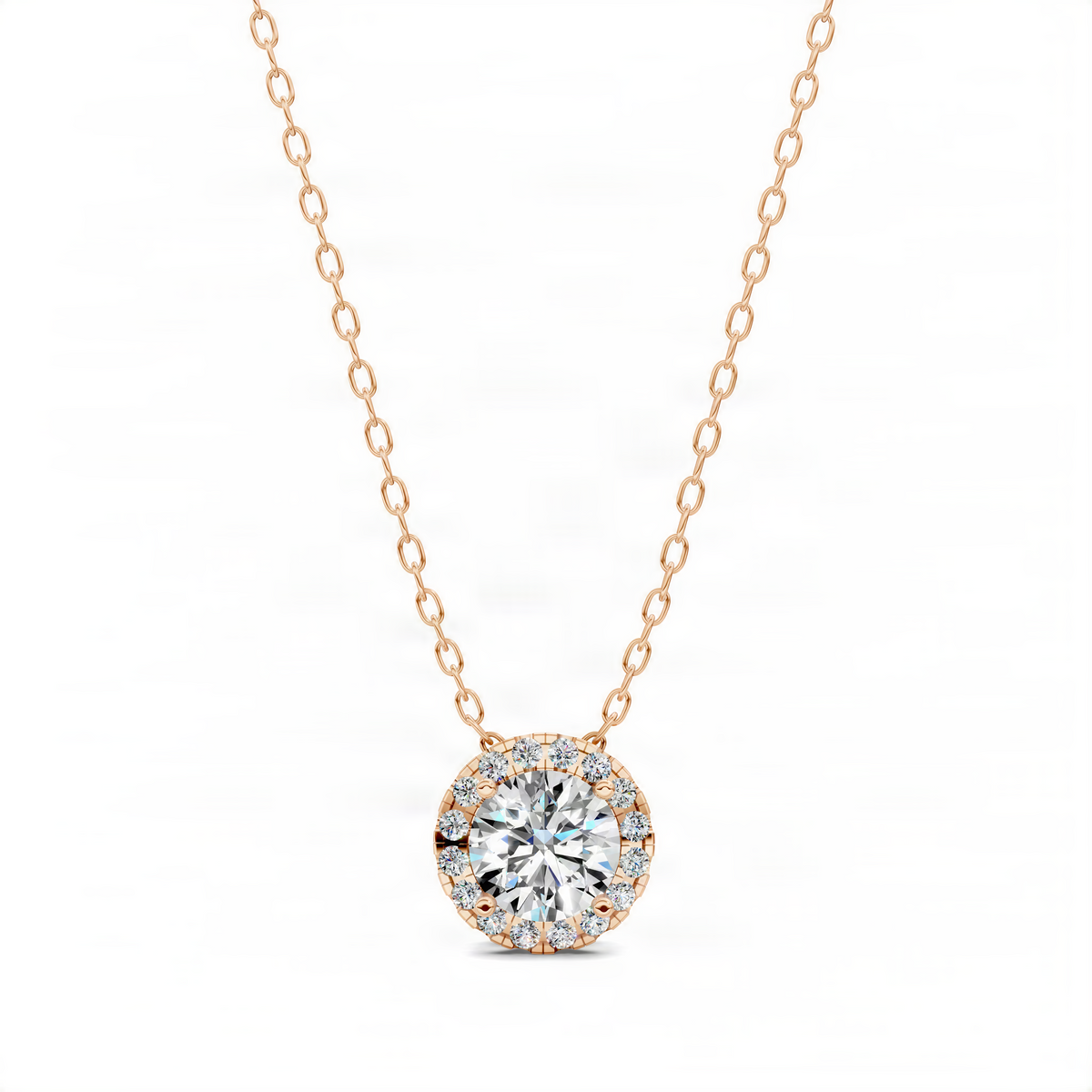 Rose gold diamond pendant necklace with round halo center stone and link chain