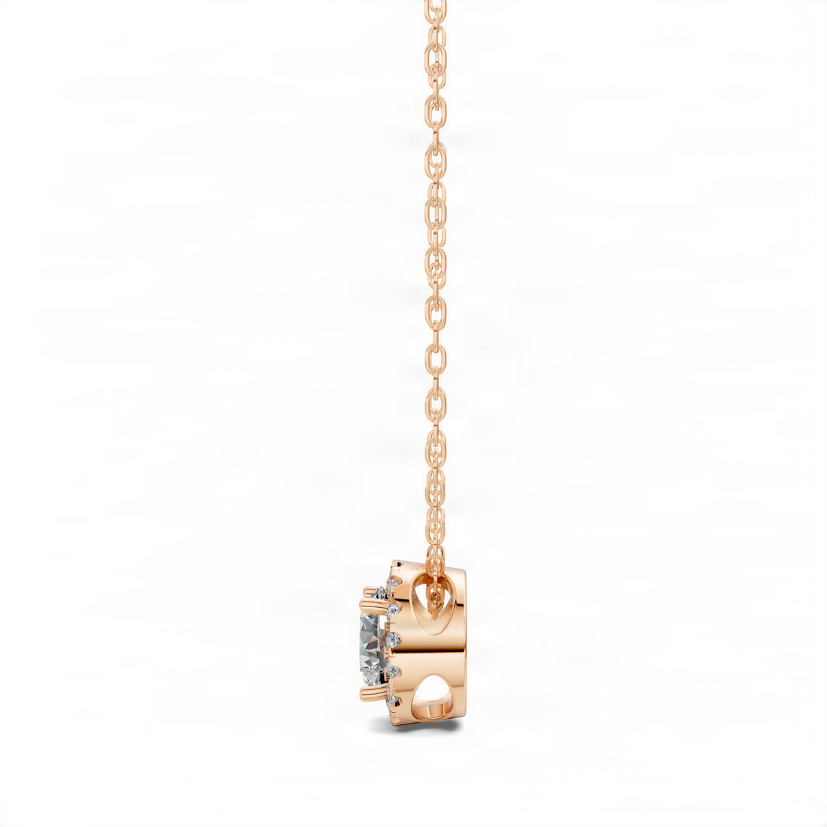 Rose gold diamond pendant necklace with round center stone and square prong setting