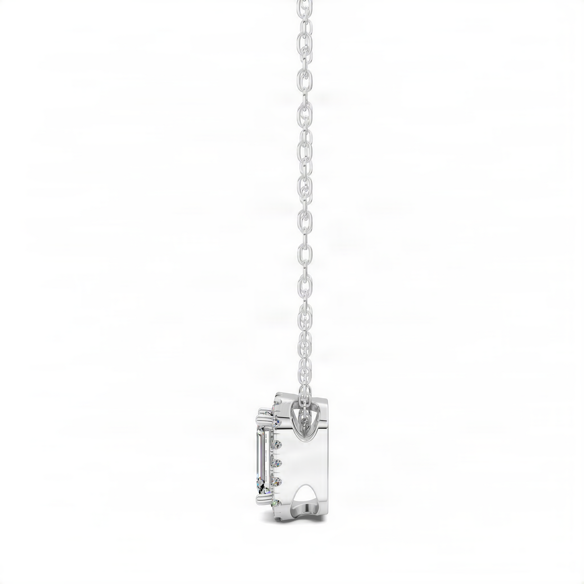 Opes diamond emerald pendant in white gold, side view of rectangular setting, cable chain