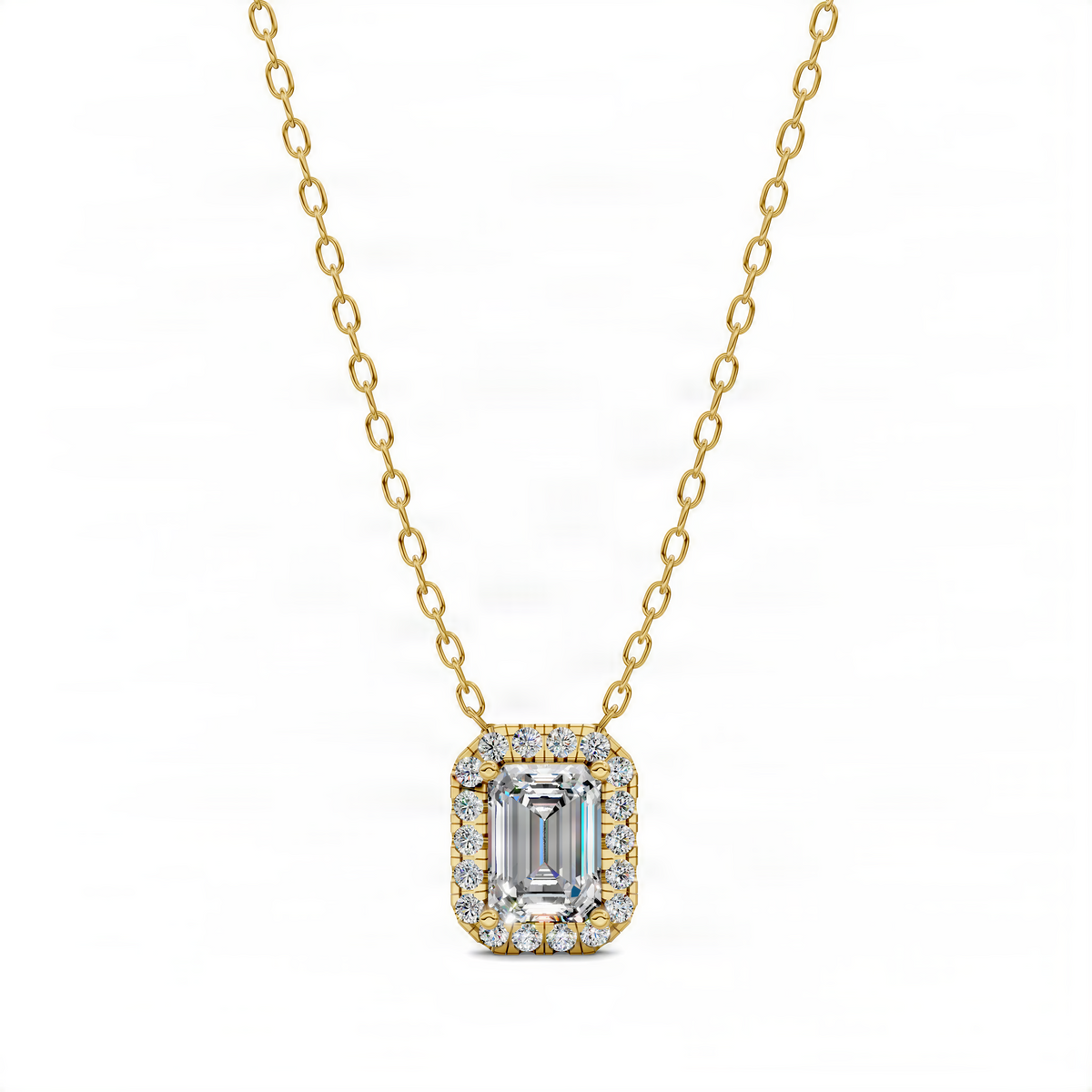 Opes diamond emerald pendant in yellow gold, square halo with baguette center, cable chain