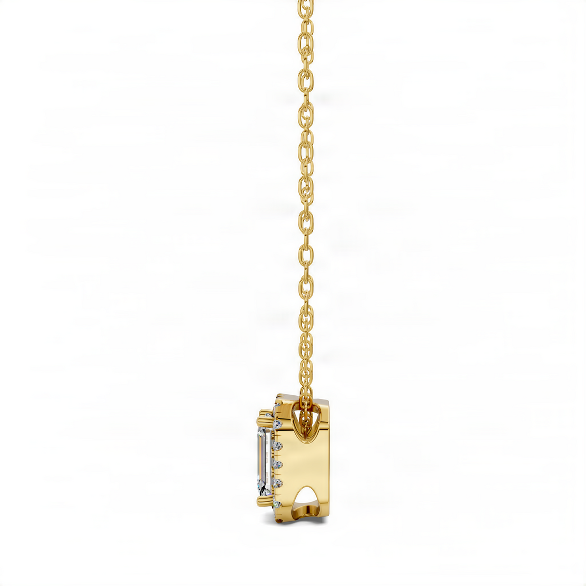 Opes diamond emerald pendant in yellow gold, side view of rectangular setting, cable chain