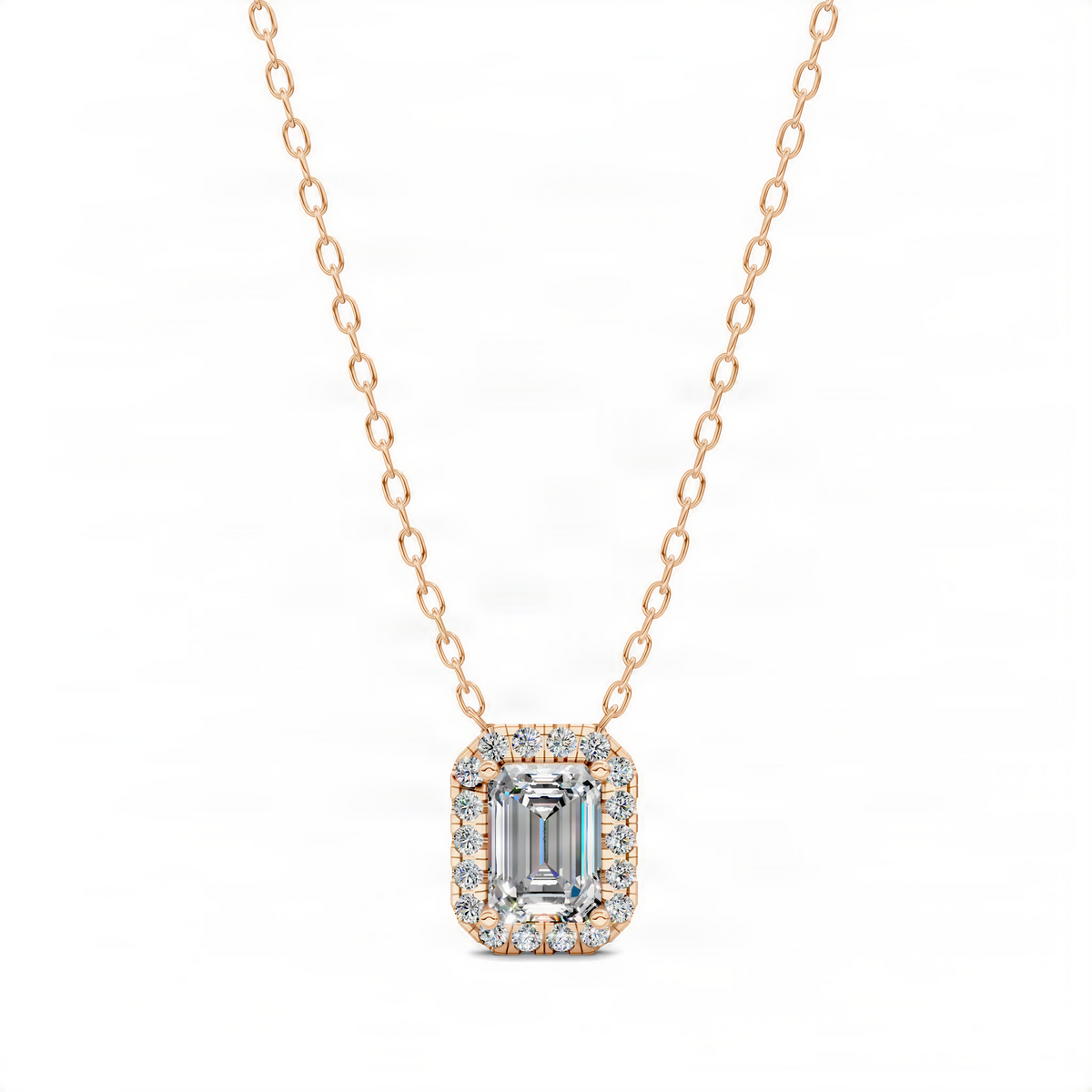 Opes diamond emerald pendant in rose gold, square halo with baguette center, cable chain