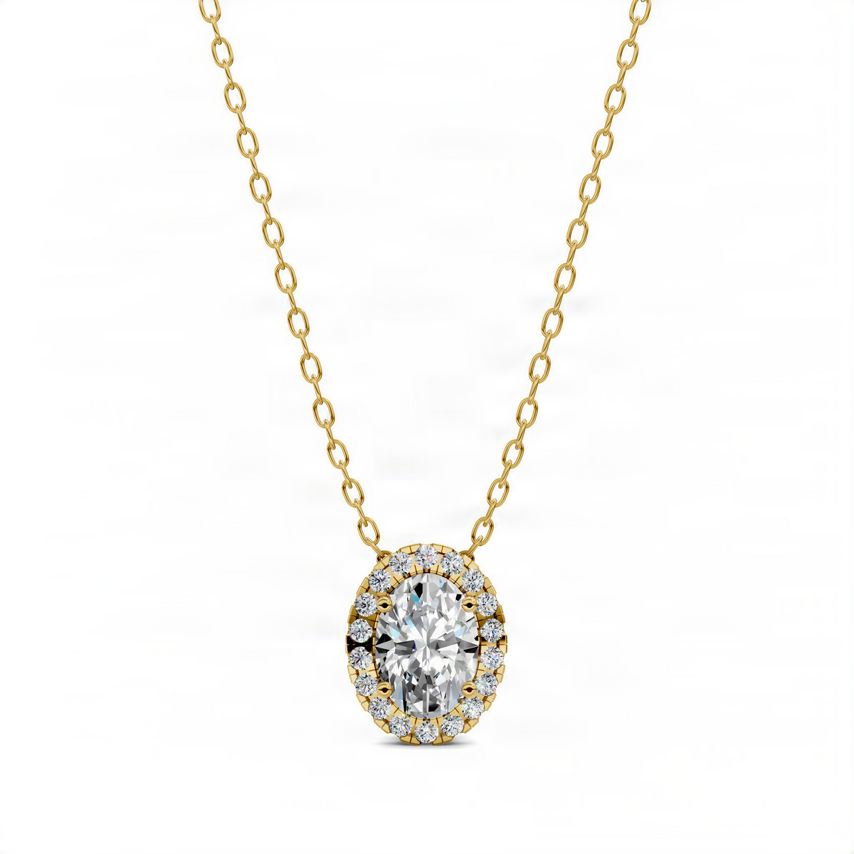 Oval halo diamond pendant on gold link chain, round side stones around center