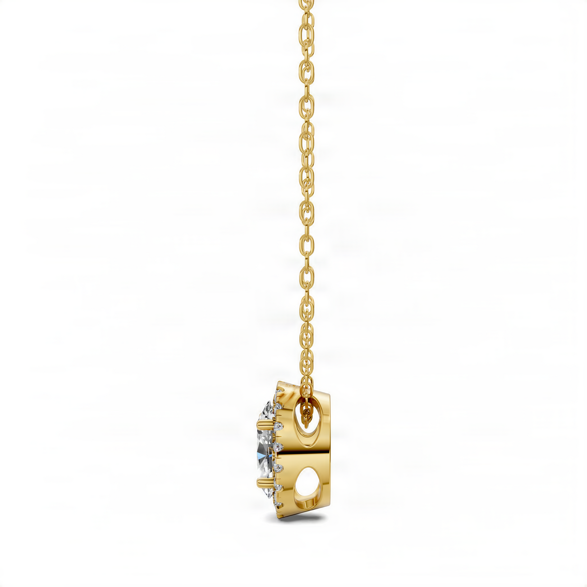 Oval diamond halo pendant on gold link chain, prong-set center stone in gold frame