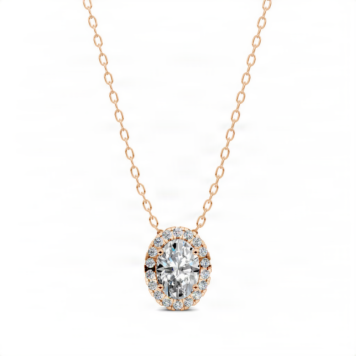 Oval halo diamond pendant on rose gold link chain, sparkling round stones around center