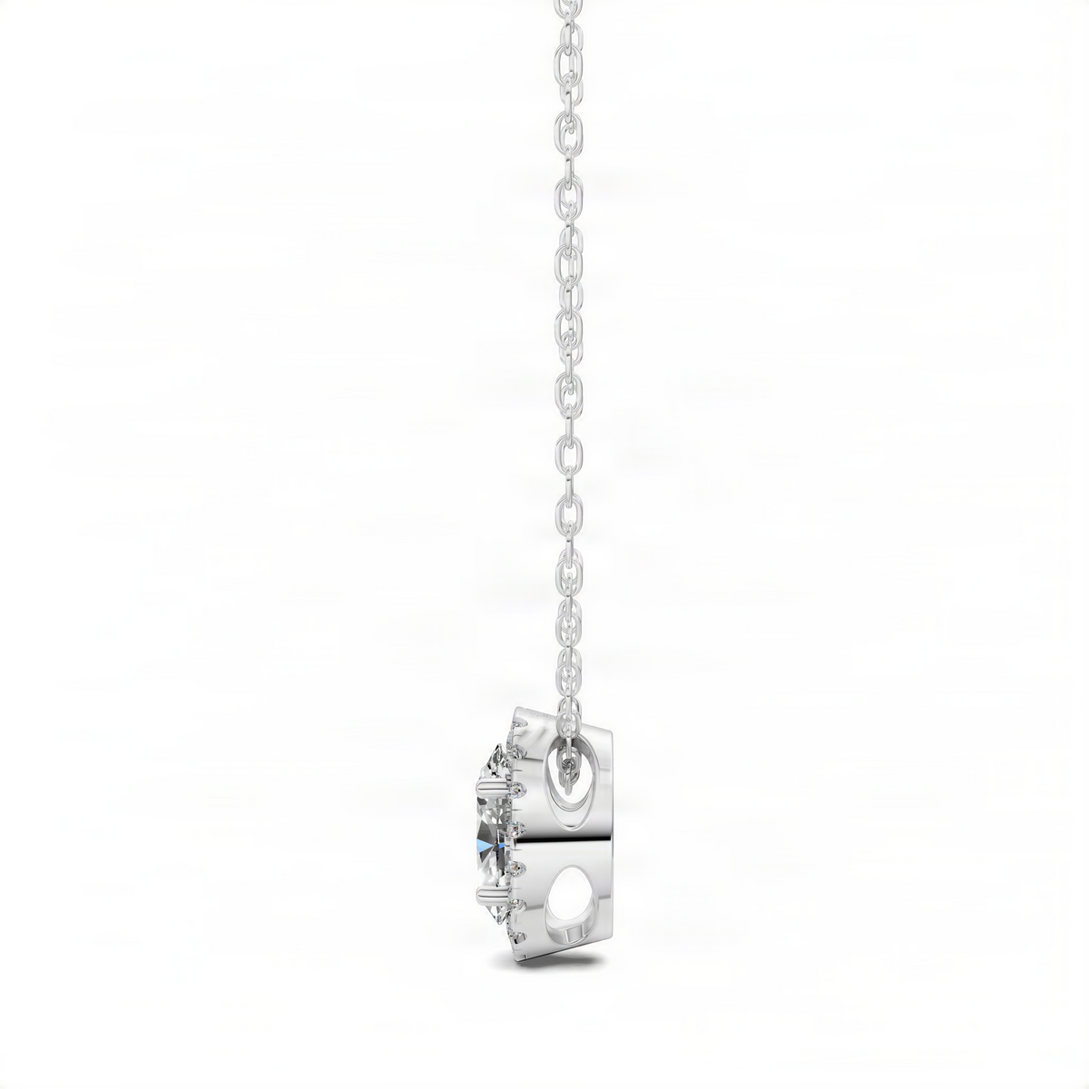 Oval diamond halo pendant on link chain, white gold tone, prong-set center stone