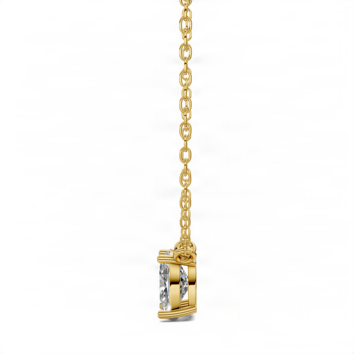 Yellow gold cushion diamond pendant side view with prong-set center stone on chain